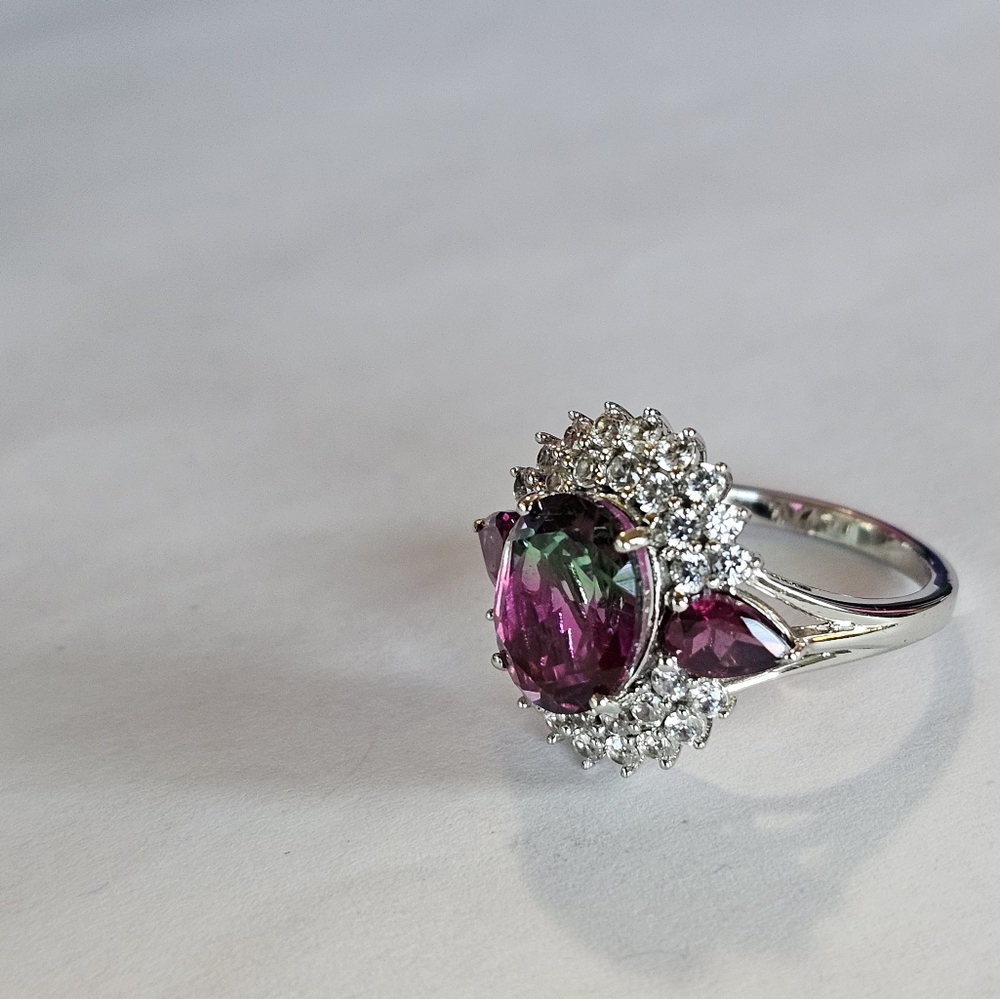 Genuine Watermelon Quartz & Multi Gemstone Ring Platinum over 925 Sz 6! - Picture 13 of 13